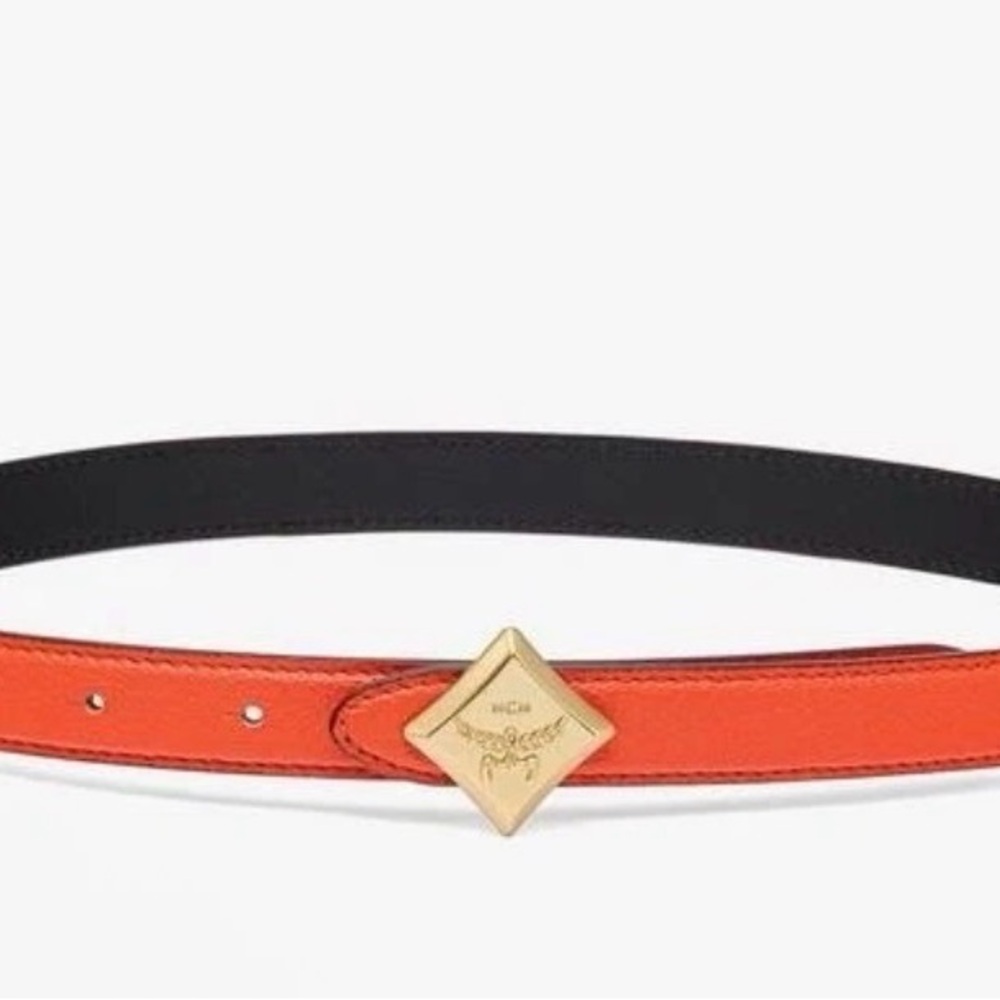 MCM Reversible Diamond Logo Leather Belt Orange/Black 85cm NWT - Picture 2 of 5